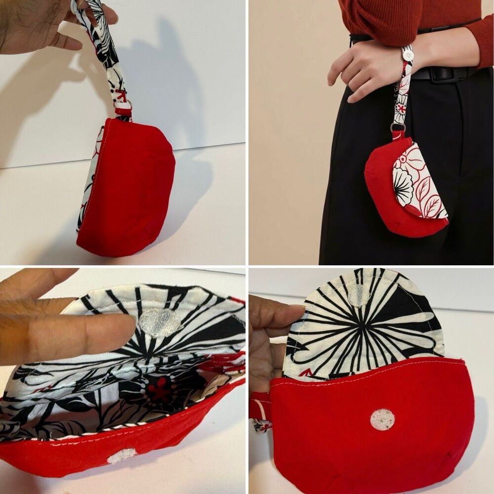Handmade Red Wristlet Coin Purse Floral Lined Snap Closure Small Pouch - Picture 12 of 12
